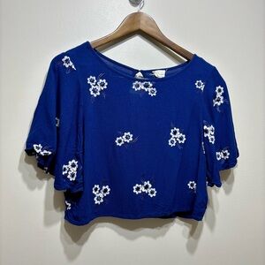 Caution To The Wind Flowy Fit Cropped Floral Embroidered Crop Top Shirt Blue